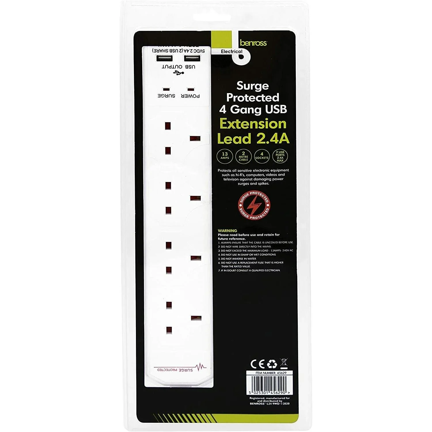 Benross 4 Way 2M 13A Surge Protected USB Extension Lead - White | 456290 - Image 2