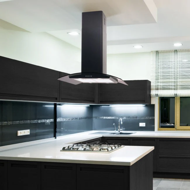 Luxair 90cm Curved Glass Island Cooker Hood - Black with Black Glass || LA-90-CVD-ISL-BLK