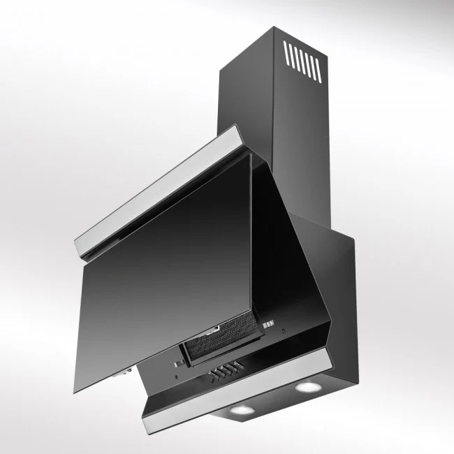 LUXAIR 60cm Angled Cooker Hood in Black with Black Glass Door and Stainless Steel Decorative Strips || LA-60-ISON-BLK - Image 4