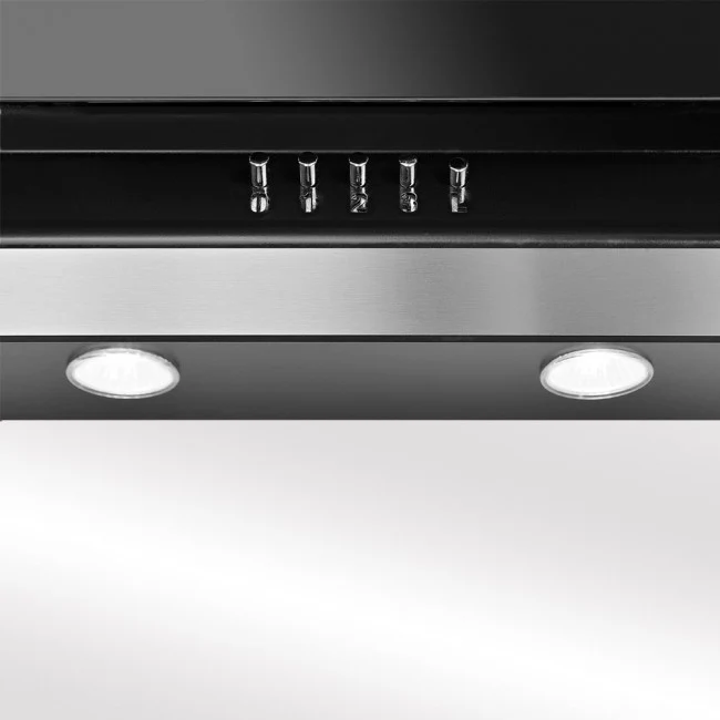 LUXAIR 60cm Angled Cooker Hood in Black with Black Glass Door and Stainless Steel Decorative Strips || LA-60-ISON-BLK - Image 5