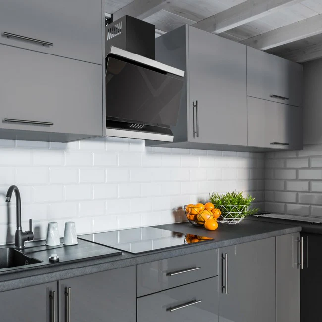 LUXAIR 90cm Angled Cooker Hood in Black with Black Glass Door and Stainless Steel Decorative Strips || LA-90-ISON-BLK - Image 5