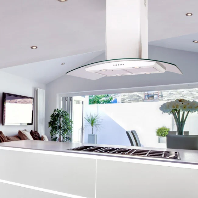 Luxair 90cm Curved Glass Island Cooker Hood - White with Smoked Black Glass || LA-90-CVD-ISL-WHT