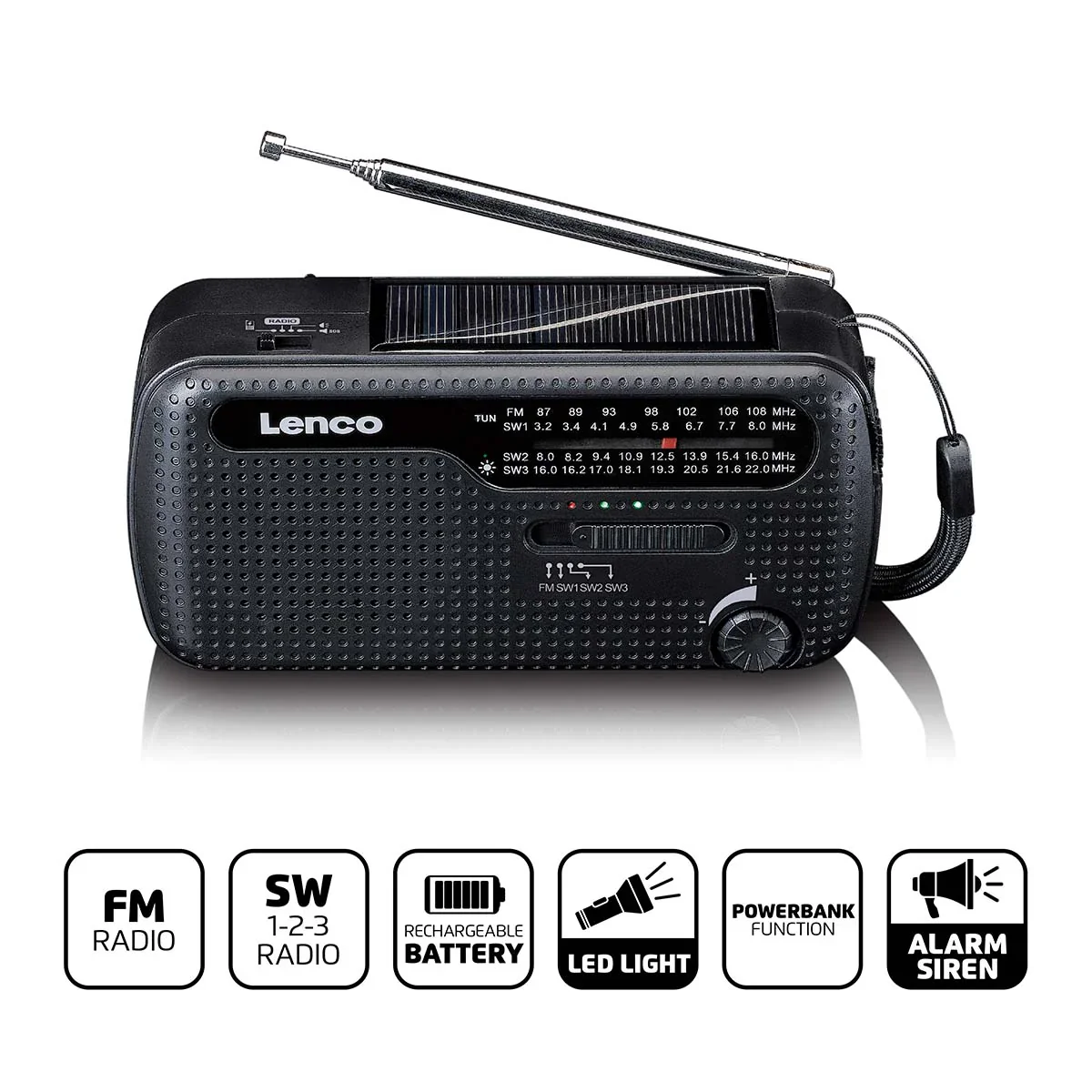 LENCO Portable Hand Crank Emergency Radio, Flashlight and Powerbank - Black | MCR-113BK - Image 2