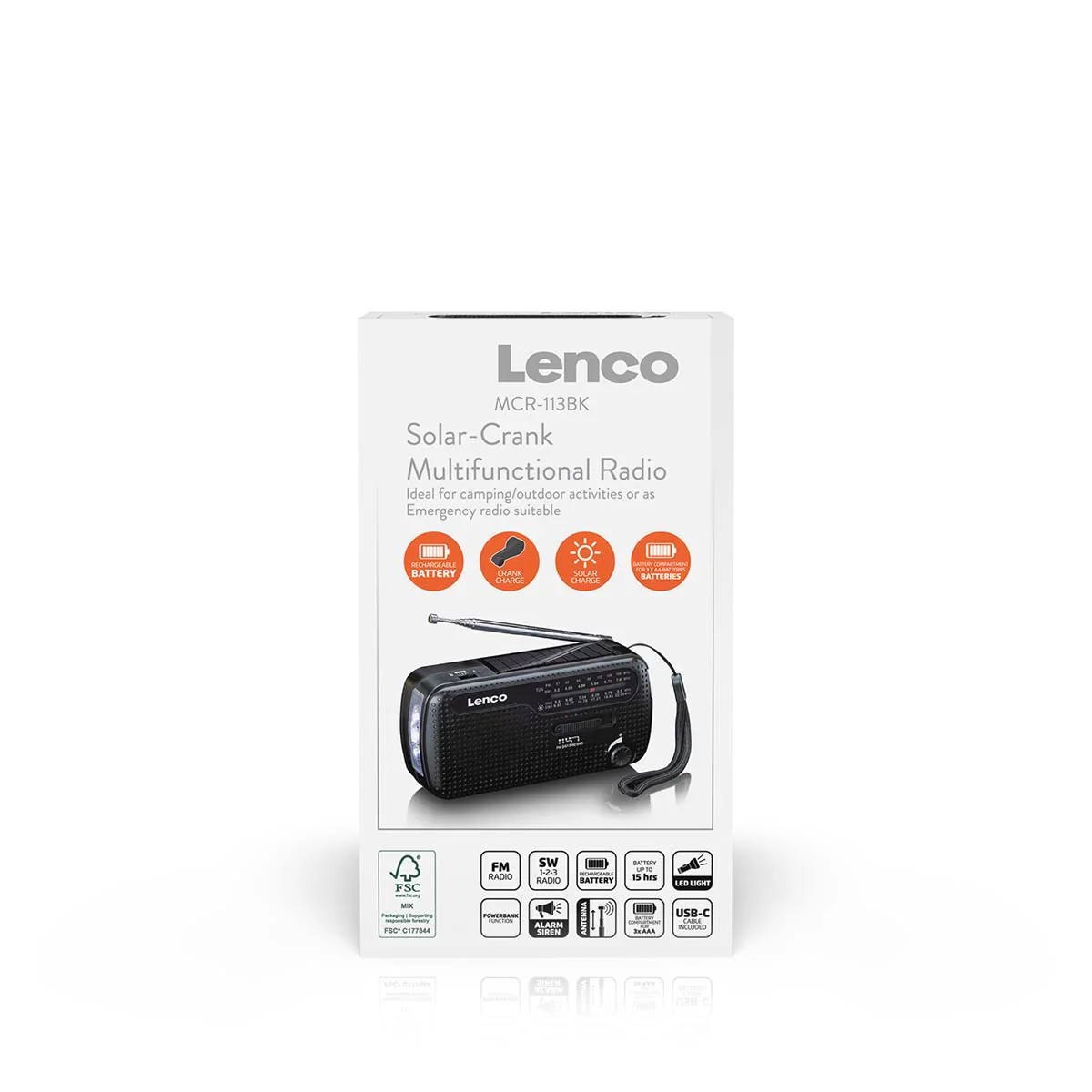 LENCO Portable Hand Crank Emergency Radio, Flashlight and Powerbank - Black | MCR-113BK - Image 3