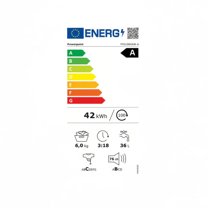 POWERPOINT 6kg 1000rpm A Rated Washing Machine with Inverter Motor - White | P35106SKW-A - Image 5