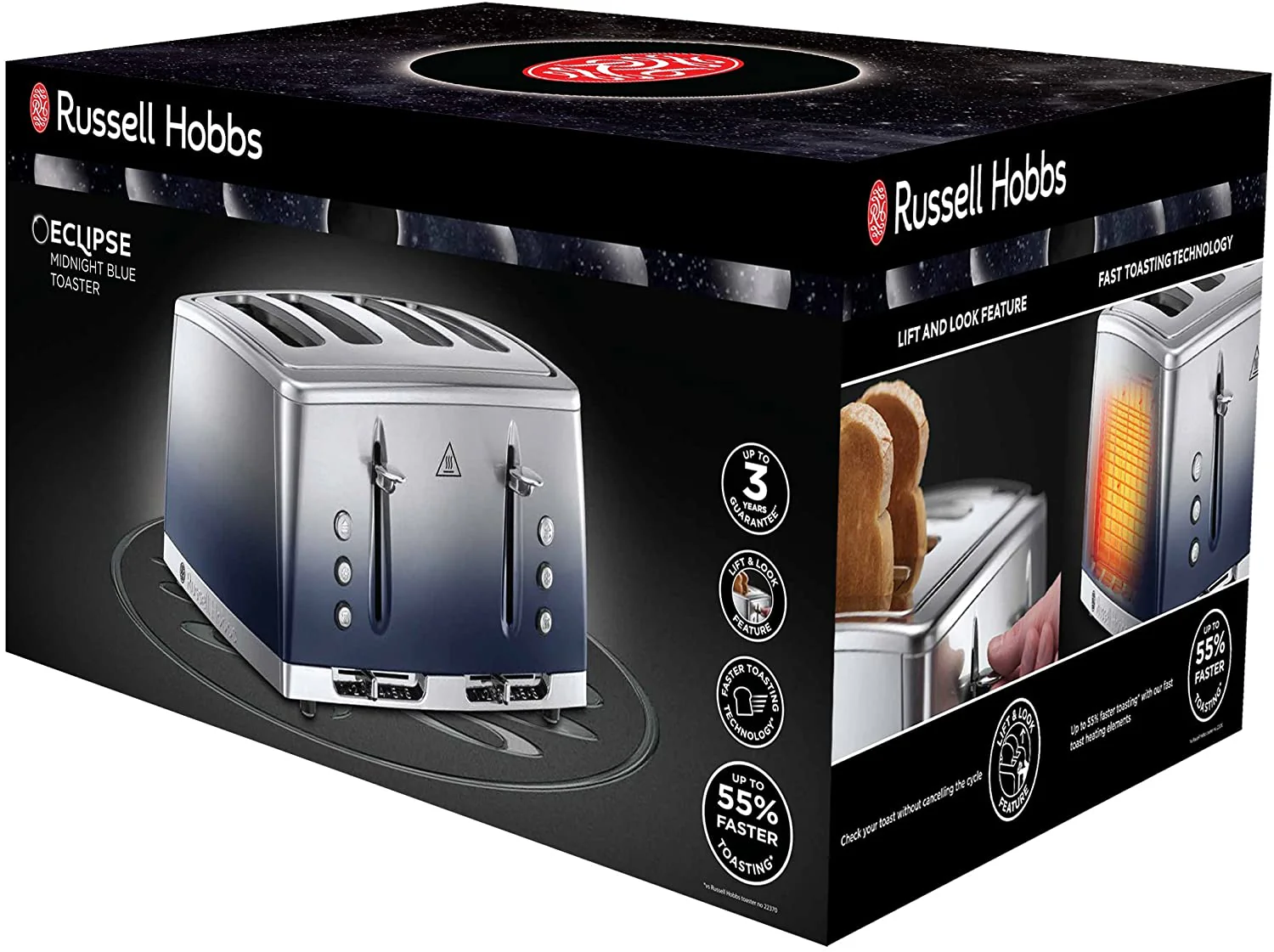 Russell Hobbs Midnight Blue Eclipse Polished Stainless Steel Ombre Four Slice Toaster | 25141 - Image 7