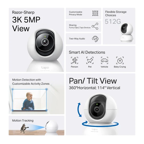 TAPO Pan/Tilt AI Home Security Wi-Fi Camera - White | TAPO C230 - Image 3